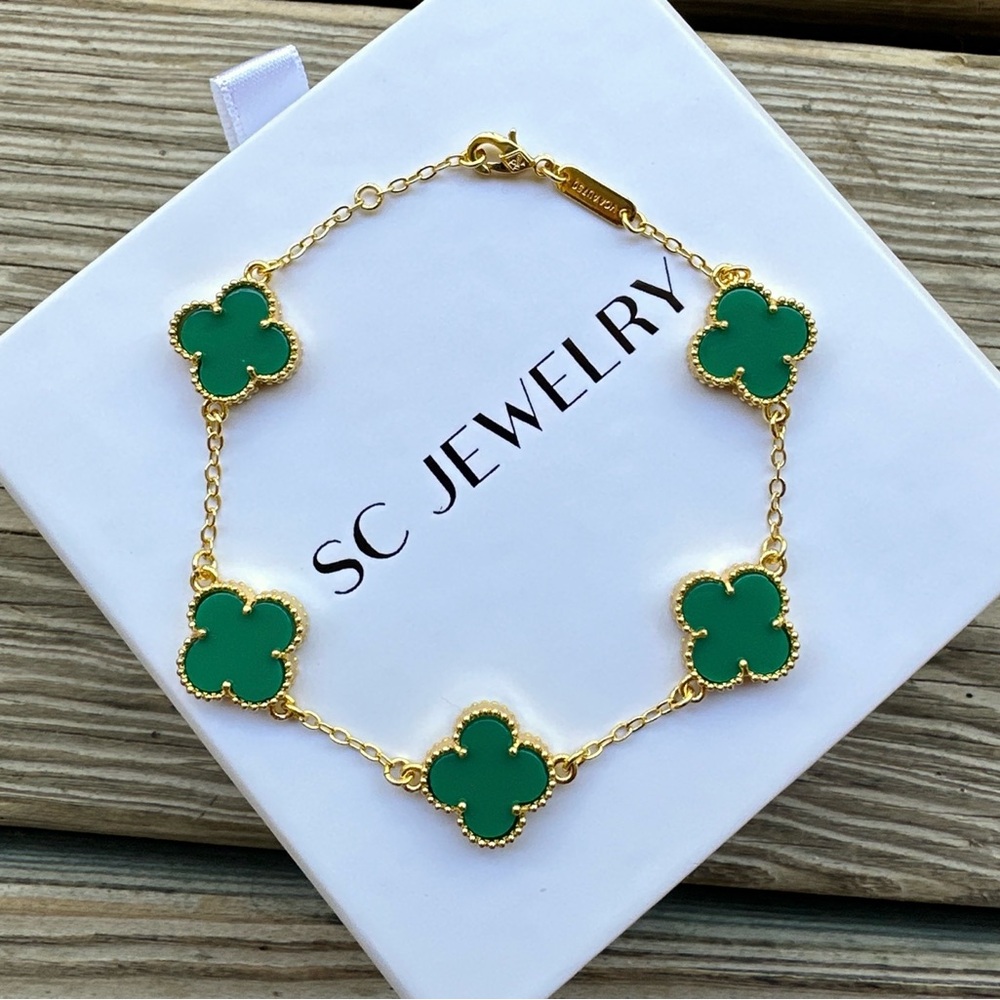 Last 3 🔥 Green Onyx Stone & Gold Clover Bracelet Double Sided Luxury Jewelry - Picture 7 of 10